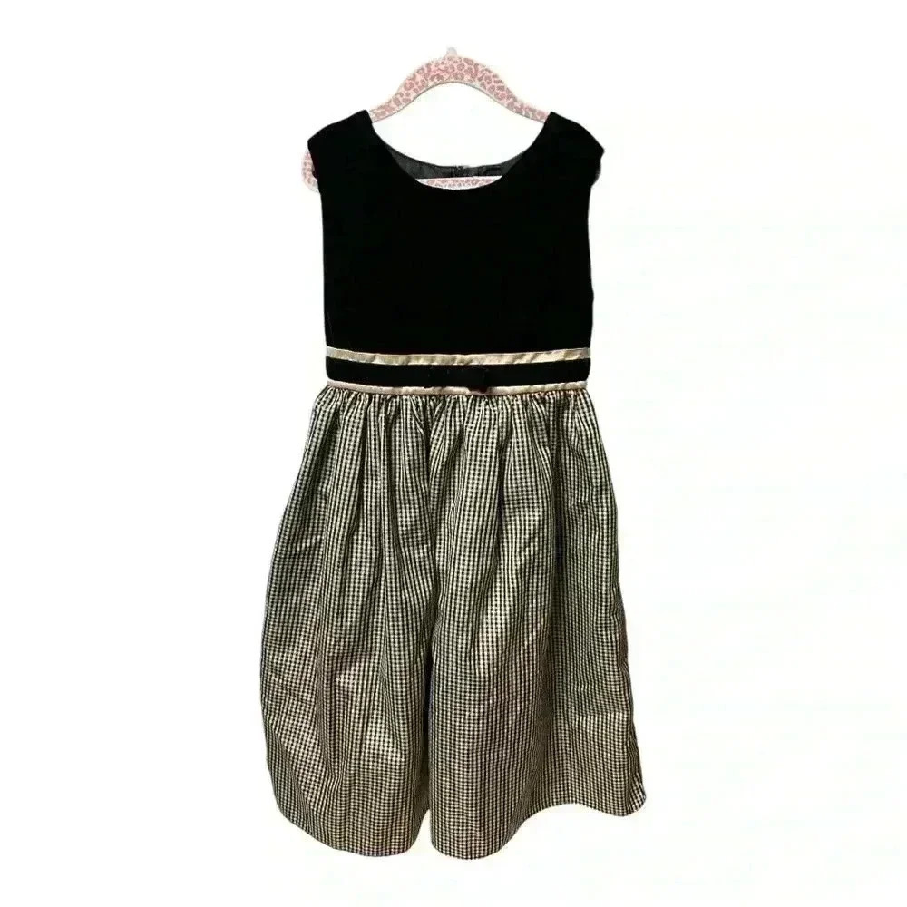 PERFECTLY DRESSED black Velvet Gold Metallic Check Plaid Taffeta dress girls 8